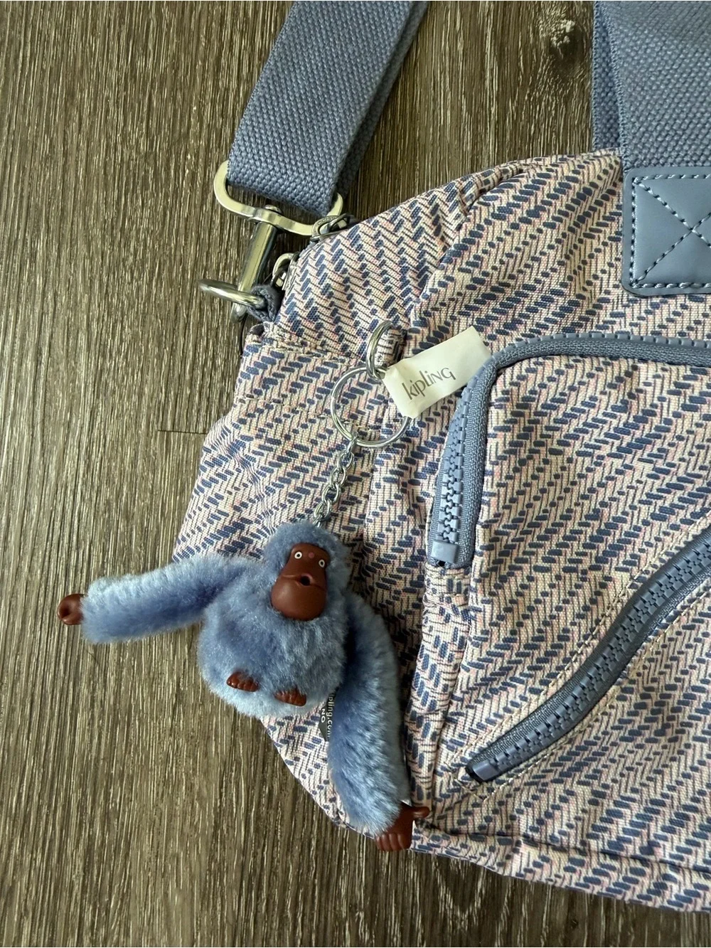 Kipling Quilted Lavender-Blue Crossbody Tote with Monkey Charm